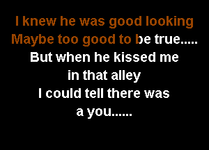I knew he was good looking
Maybe too good to be true .....
But when he kissed me
in that alley
I could tell there was
a you ......