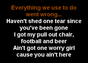 Everything we use to do
went wrong...
Haven't shed one tear since
you've been gone
I got my pull out chair,
football and beer
Ain't got one worry girl
cause you ain't here