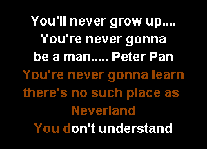 You'll never grow up....
You're never gonna
be a man ..... Peter Pan
You're never gonna learn
there's no such place as
Nevenand
You don't understand