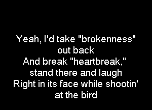 Yeah, I'd take brokenness
out back
And break heartbreak,
stand there and laugh
Right in its face while shootin'

at the bird I