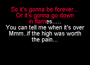 So it's gonna be forever...
Or it's gonna go down
in flames .....
You can tell me when it's over
Mmm..if the high was worth
the pain...