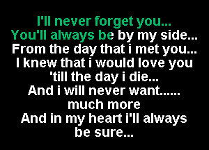 I'll never forget you...
You'll always be by my side...
From the day that i met you...

I knew that i would love you
'till the day i die...
And i will never want ......
much more
And in my heart i'll always
be sure...