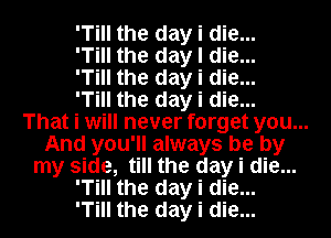 'Till the day i die...
'Till the day I die...
'Till the day i die...
'Till the day I die...
That I will never forget you...
And you 'll always be by
my side, till the day i die...
'Till the day i die...
'Till the day i die...