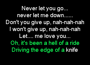 Never let you go...
never let me down ......
Don't you give up, nah-nah-nah
I won't give up, nah-nah-nah
Let.... me love you...

Oh, it's been a hell of a ride
Driving the edge of a knife