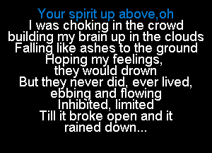 Your spiriIt upI above,oh
I I was choking In the crowd
bUIIdIIng my brain u m the clouds
Fallingl like ashes o the ground
oping my feelings,
they would drown I
But they never did. evIer IIved,
ebeInI andIroIwmg
I IInthI ed, limited I
TIII It bIroke open and It
rained down...