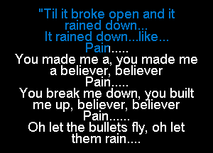 Til it broke open and it
named downq.
It rained down...llke...
Pam .....
You made me a, ou made me
a believer, ellever
Pam ..... .
You break me down, pu bUIIt
me up, believer, be lever
Pam ......
Oh let the bullets fly, oh let
them raln....