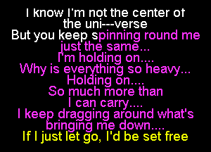 I Know I'm not the center of
the unI-e-verse
But you keep splnnlng round me
ust the same...
. m holding on....
Why IS eve Ihlng so heavy...
Hol mg on....
So much more than
I can carry....
I keeg dragging around what's
. rlnglng me down....
If I just let go, I'd be set free