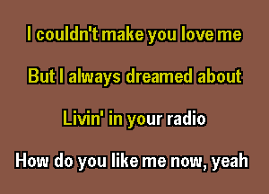 I couldn't make you love me
But I always dreamed about

Livin' in your radio

How do you like me now, yeah