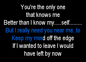 You're the only one
that knows me
Betterthan I know my ..... self .........
But I really need you near me..to
Keep my mind off the edge
If I wanted to leave I would
have left by now