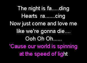 The night is fa ..... ding
Hearts ra ....... cing
Nowjust come and love me
like we're gonna die....

Ooh Oh Oh ......
'Cause our world is spinning

at the speed of light I