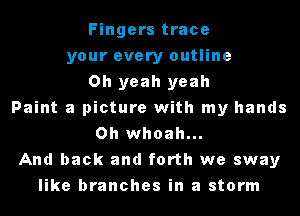 Fingers trace
your every outline
Oh yeah yeah
Paint a picture with my hands
0h whoah...
And back and forth we sway
like branches in a storm