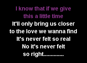 I know that if we give
this a little time
It'll only bring us closer
to the love we wanna find
It's never felt so real
No it's never felt
so right ..............