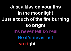 Just a kiss on your lips
in the moonlight
Just a touch of the fire burning
so bright
It's never felt so real
No it's never felt
so right ..............