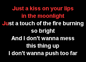 Just a kiss on your lips
in the moonlight
Just a touch of the fire burning
so bright
And I don't wanna mess
this thing up
I don't wanna push too far