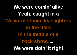 We were comin' alive
Yeah, caught in a
We were shinin' like lighters

in the dark
In the middle of a
rock show ......
We were doin' it right