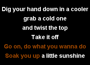 Dig your hand down in a cooler
grab a cold one
and twist the top
Take it off
Go on, do what you wanna do
Soak you up a little sunshine