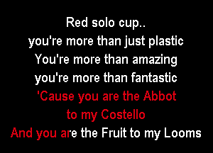 Red solo cup..
you're more than just plastic
You're more than amazing
you're more than fantastic
'Cause you are the Abbot
to my Costello
And you are the Fruit to my Looms