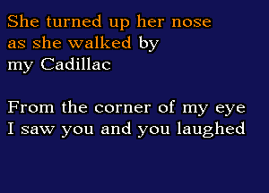 She turned up her nose
as she walked by
my Cadillac

From the corner of my eye
I saw you and you laughed
