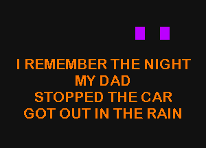 I REMEMBER THE NIGHT
MY DAD
STOPPED THECAR
GOT OUT IN THE RAIN