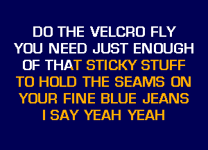 DO THE VELCRU FLY
YOU NEED JUST ENOUGH
OF THAT STICKY STUFF
TO HOLD THE BEAMS ON
YOUR FINE BLUE JEANS
I SAY YEAH YEAH