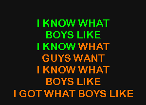 I KNOW WHAT
BOYS LIKE
I KNOW WHAT

GUYS WANT
I KNOW WHAT
BOYS LIKE

I GOT WHAT BOYS LIKE