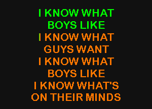 I KNOW WHAT
BOYS LIKE

I KNOW WHAT
GUYS WANT

I KNOW WHAT
BOYS LIKE

I KNOW WHAT'S
ON THEIR MINDS