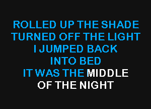 ROLLED UP THE SHADE
TURNED OFF THE LIGHT
IJUMPED BACK
INTO BED
ITWAS THEMIDDLE
OF THE NIGHT