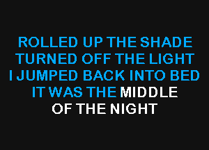 ROLLED UP THE SHADE
TURNED OFF THE LIGHT
I JUMPED BACK INTO BED
ITWAS THEMIDDLE
OF THE NIGHT