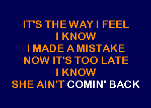 IT'S THEWAYI FEEL
I KNOW
I MADE A MISTAKE
NOW IT'S TOO LATE
I KNOW
SHE AIN'T COMIN' BACK