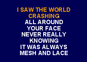 I SAW THE WORLD

CRASHING
ALL AROUND

YOUR FACE

NEVER REALLY
KNOWING

IT WAS ALWAYS
MESH AND LACE