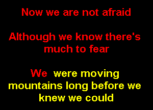 Now we are not afraid

Although we know there's
much to fear

We were moving
mountains long before we
knew we could