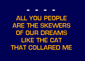 ALL YOU PEOPLE
ARE THE SKEWERS
OF OUR DREAMS
LIKE THE CAT
THAT COLLARED ME