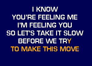 I KNOW
YOU'RE FEELING ME
I'M FEELING YOU
SO LET'S TAKE IT SLOW
BEFORE WE TRY
TO MAKE THIS MOVE