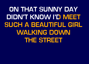 ON THAT SUNNY DAY
DIDN'T KNOW I'D MEET
SUCH A BEAUTIFUL GIRL
WALKING DOWN
THE STREET