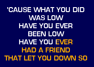 'CAUSE WHAT YOU DID
WAS LOW
HAVE YOU EVER
BEEN LOW
HAVE YOU EVER
HAD A FRIEND
THAT LET YOU DOWN SO