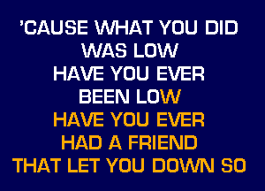 'CAUSE WHAT YOU DID
WAS LOW
HAVE YOU EVER
BEEN LOW
HAVE YOU EVER
HAD A FRIEND
THAT LET YOU DOWN SO