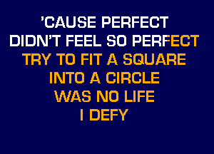 'CAUSE PERFECT
DIDN'T FEEL SO PERFECT
TRY TO FIT A SQUARE
INTO A CIRCLE
WAS N0 LIFE
I DEFY