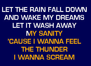 LET THE RAIN FALL DOWN
AND WAKE MY DREAMS
LET IT WASH AWAY
MY SANITY
'CAUSE I WANNA FEEL
THE THUNDER
I WANNA SCREAM