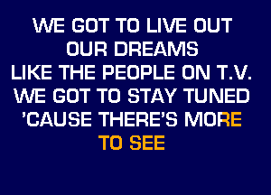 WE GOT TO LIVE OUT
OUR DREAMS
LIKE THE PEOPLE 0N T.V.
WE GOT TO STAY TUNED
'CAUSE THERE'S MORE
TO SEE
