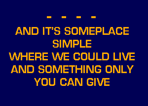 AND ITS SOMEPLACE
SIMPLE
WHERE WE COULD LIVE
AND SOMETHING ONLY
YOU CAN GIVE