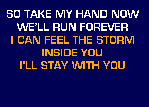 SO TAKE MY HAND NOW
WE'LL RUN FOREVER
I CAN FEEL THE STORM
INSIDE YOU
I'LL STAY WITH YOU