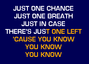JUST ONE CHANCE
JUST ONE BREATH
JUST IN CASE
THERE'S JUST ONE LEFT
'CAUSE YOU KNOW
YOU KNOW
YOU KNOW