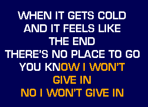 WHEN IT GETS COLD
AND IT FEELS LIKE
THE END
THERE'S N0 PLACE TO GO
YOU KNOWI WON'T
GIVE IN
NO I WON'T GIVE IN