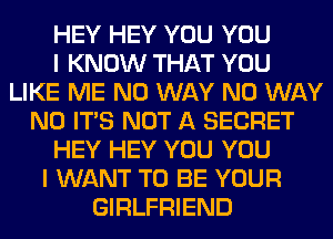 HEY HEY YOU YOU
I KNOW THAT YOU
LIKE ME NO WAY NO WAY
N0 ITS NOT A SECRET
HEY HEY YOU YOU
I WANT TO BE YOUR
GIRLFRIEND