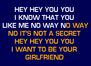 HEY HEY YOU YOU
I KNOW THAT YOU
LIKE ME NO WAY NO WAY
N0 ITS NOT A SECRET
HEY HEY YOU YOU
I WANT TO BE YOUR
GIRLFRIEND