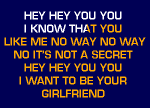 HEY HEY YOU YOU
I KNOW THAT YOU
LIKE ME NO WAY NO WAY
N0 ITS NOT A SECRET
HEY HEY YOU YOU
I WANT TO BE YOUR
GIRLFRIEND