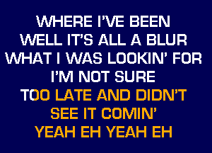 WHERE I'VE BEEN
WELL ITS ALL A BLUR
WHAT I WAS LOOKIN' FOR
I'M NOT SURE
TOO LATE AND DIDN'T
SEE IT COMIM
YEAH EH YEAH EH