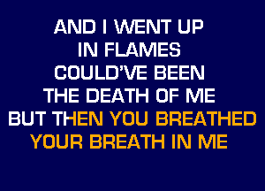 AND I WENT UP
IN FLAMES
COULD'VE BEEN
THE DEATH OF ME
BUT THEN YOU BREATHED
YOUR BREATH IN ME
