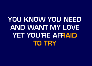 YOU KNOW YOU NEED
AND WANT MY LOVE
YET YOU'RE AFRAID
TO TRY