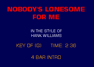 IN THE STYLE OF
HANK WILLIAMS

KEY OF (G) TIME 238

4 BAR INTRO